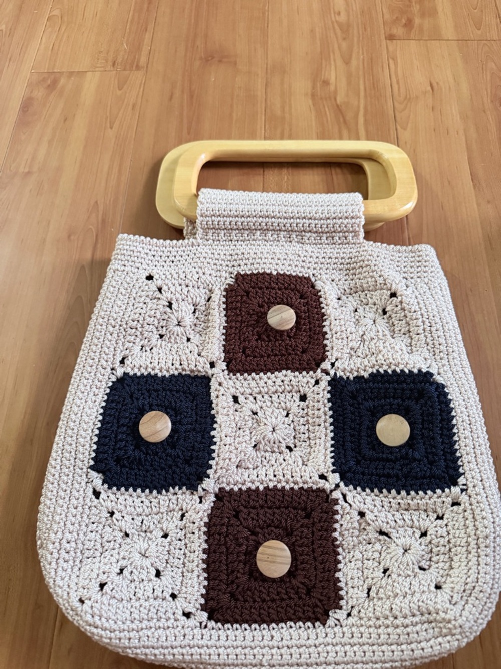Handmade Crochet Shoulder Bag with Wooden Handle - Cream, Navy & Brown